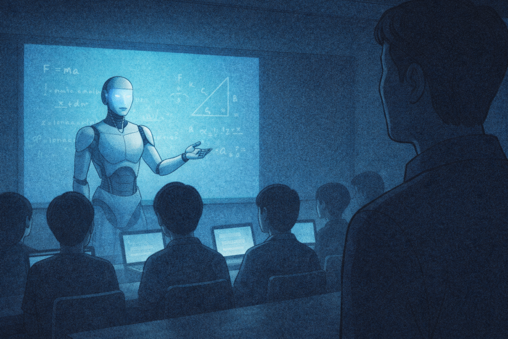 AI-led classroom with human teacher observing students
