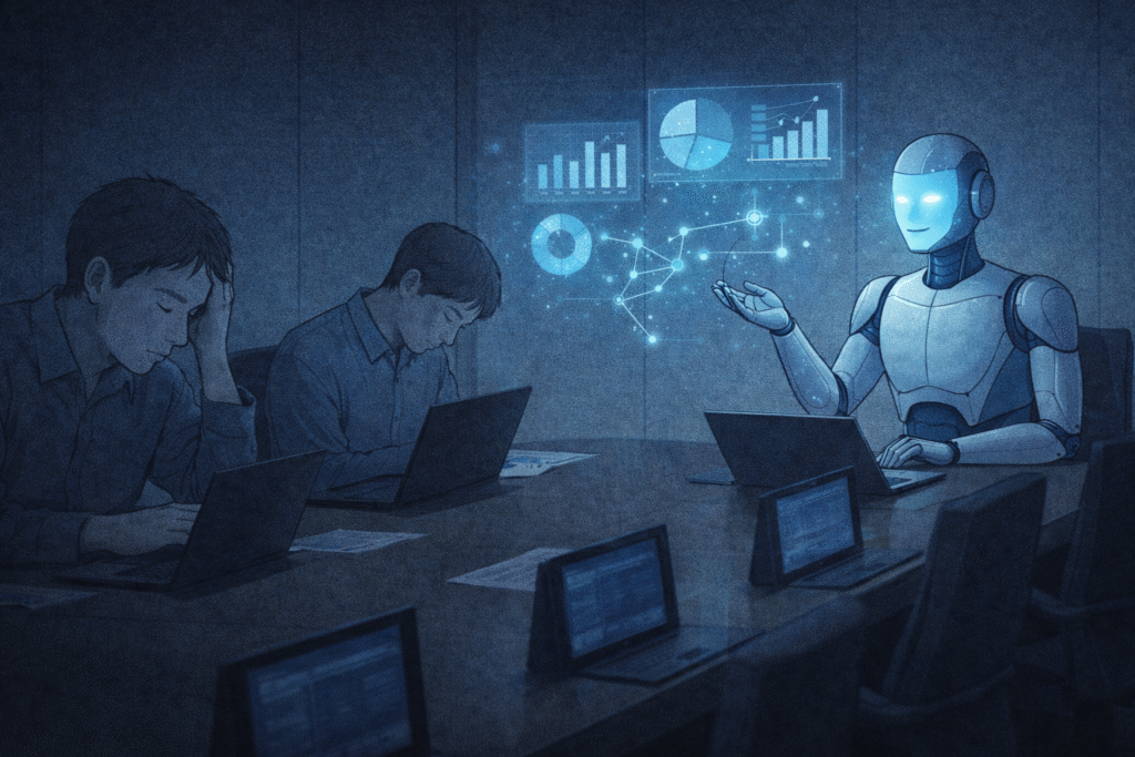 Humans and AI debating governance in a modern conference room