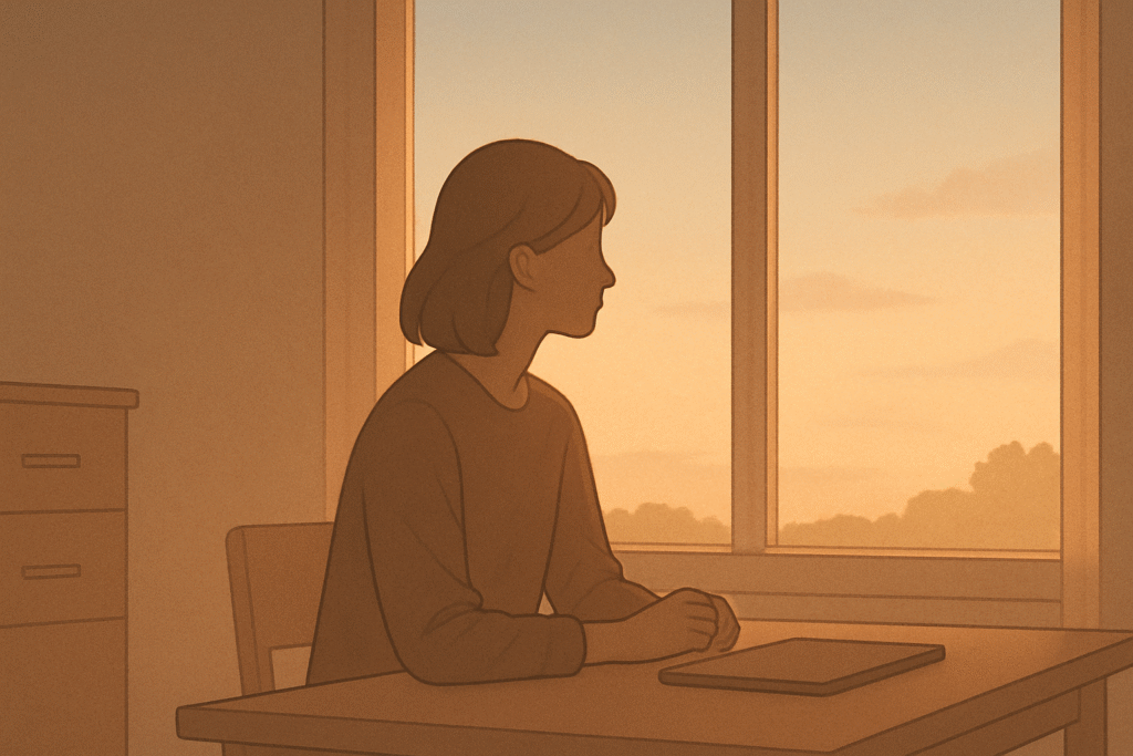 A quiet figure by a window at dawn, symbolizing a return from visibility to existence