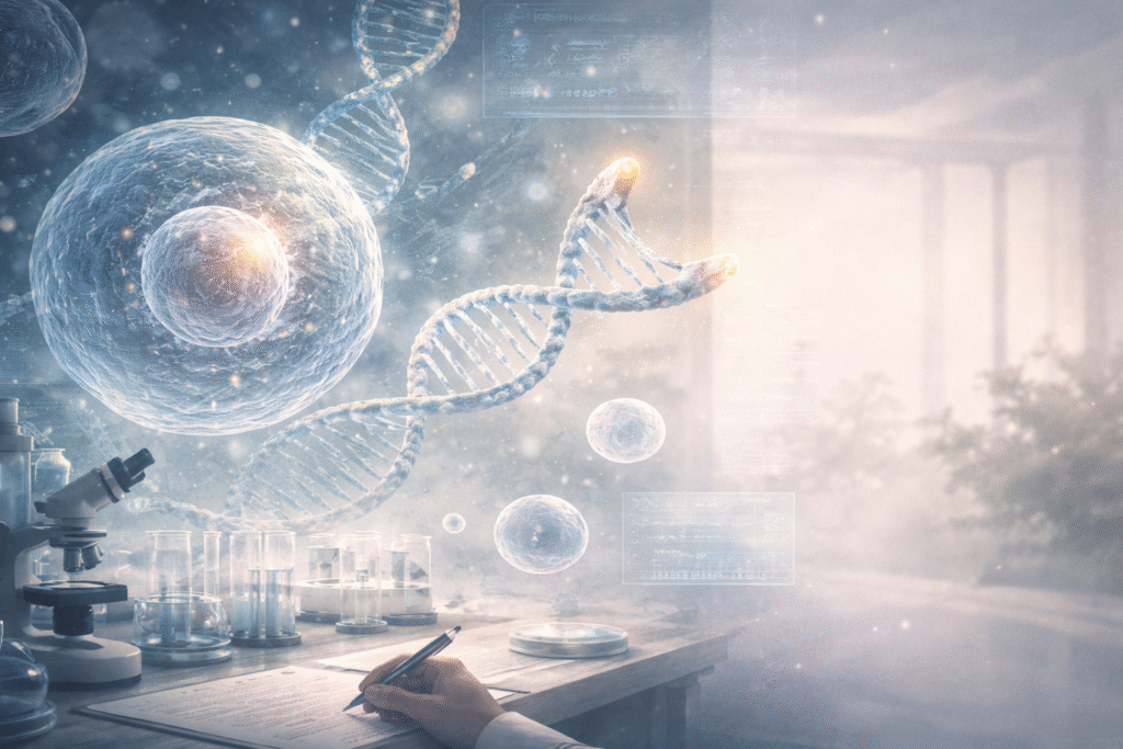 Cellular aging and biotechnology research illustration