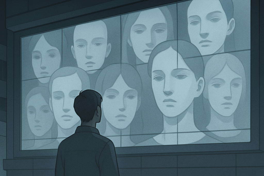 Digital faces displayed on a city billboard, representing identities consumed as content