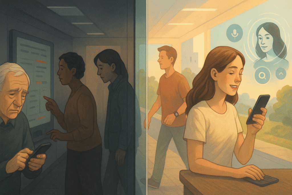 A contrasting scene showing AI-powered life beside those excluded from technology.