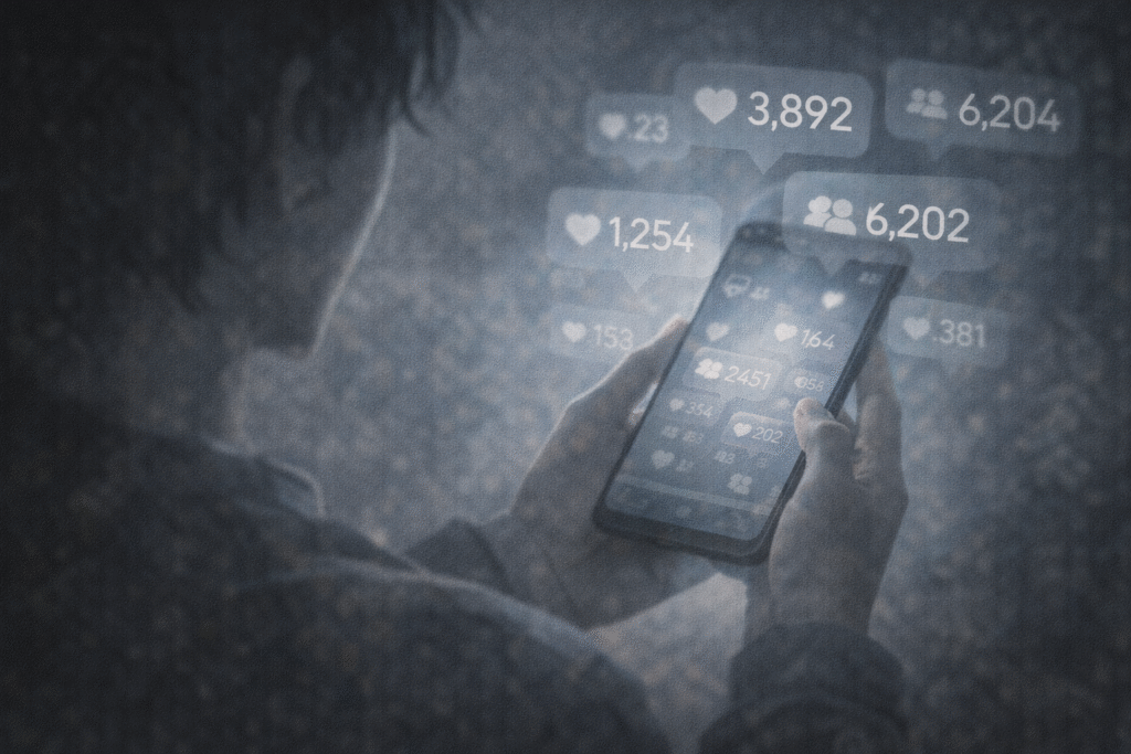 A hand holding a smartphone surrounded by abstract like icons