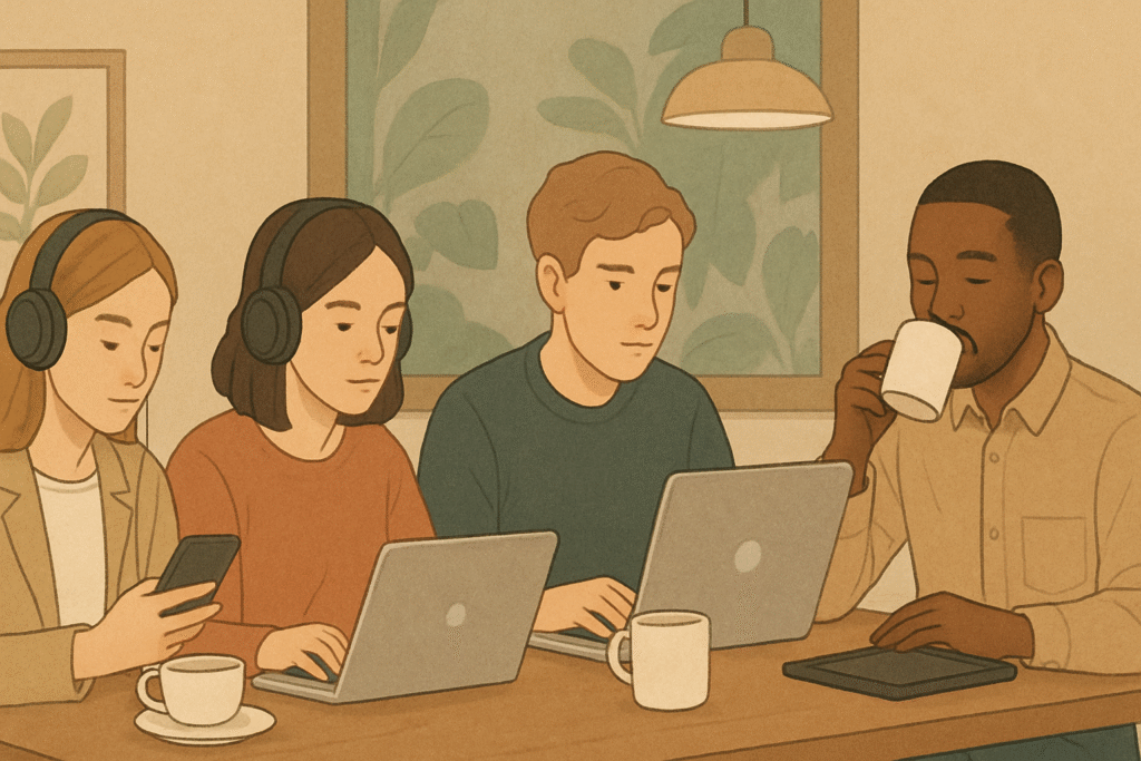 Café scene showing earphone isolation in daily life.
