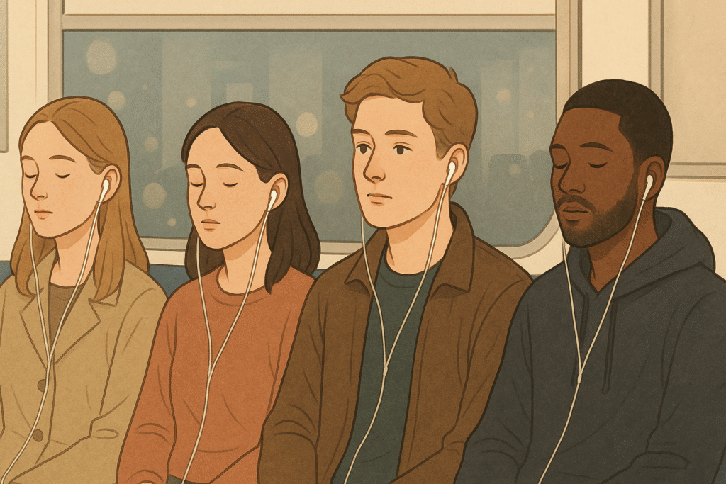 Earphone wall theme, people isolated in a city scene.