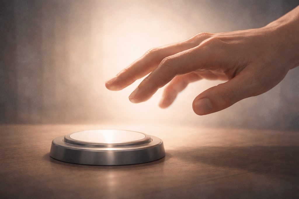 Human hand hesitating before an AI control decision