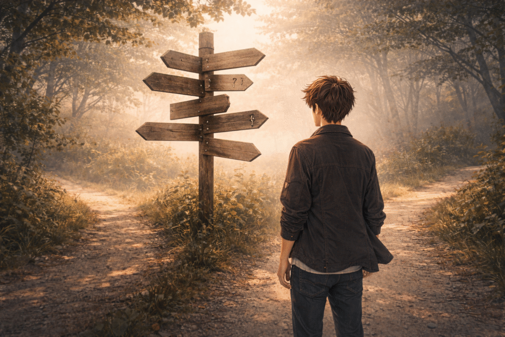 Person standing at crossroads facing multiple choices