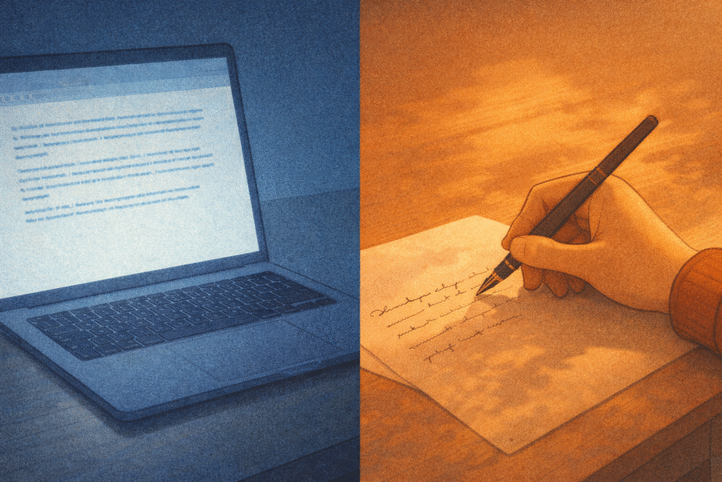 Handwritten notes beside a laptop and smartphone