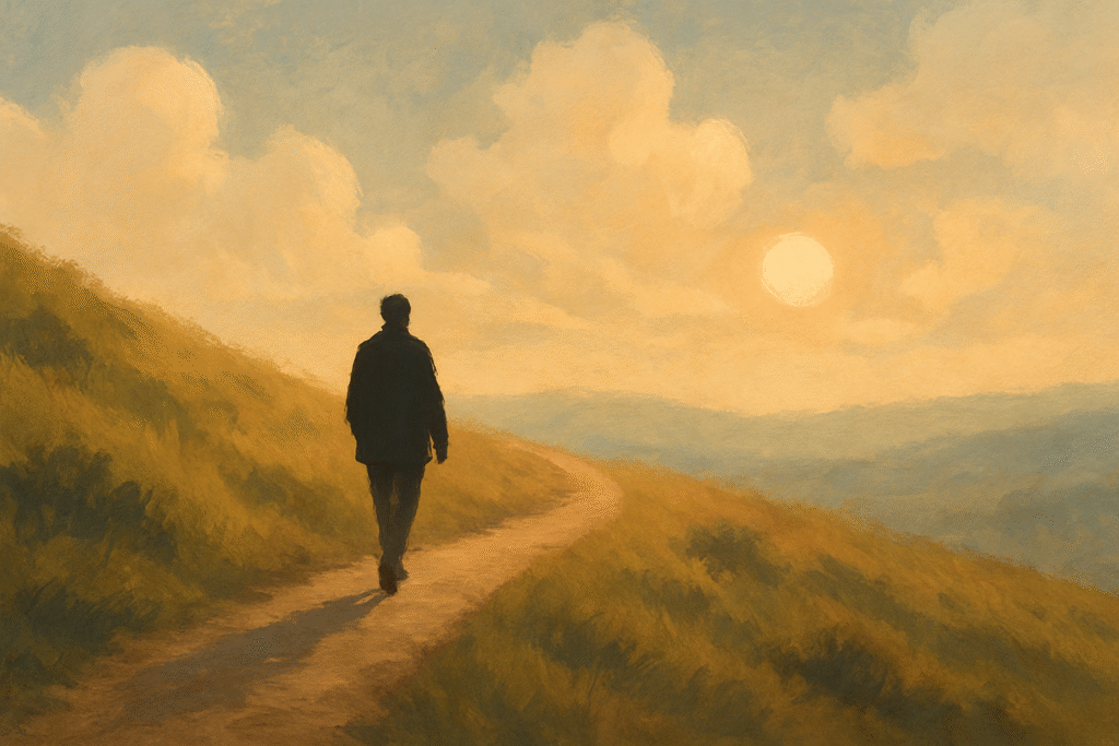 Man walking along a golden-hour hillside path.