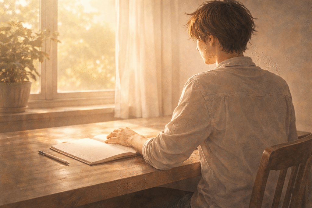 A solitary figure in quiet light reflecting on inner worth