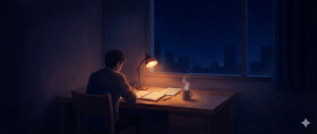 Emotional watercolor illustration, person sitting under a desk lamp late at night
