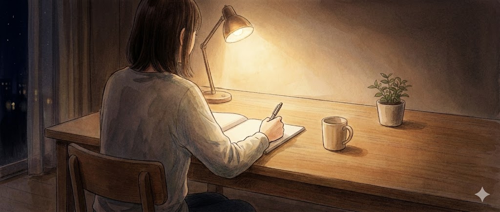 Emotional watercolor illustration, person pausing to write in a quiet night room