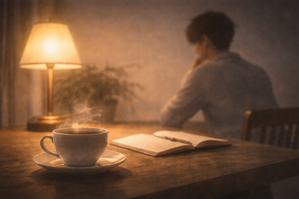 Emotional watercolor illustration, warm light filling a calm room at night