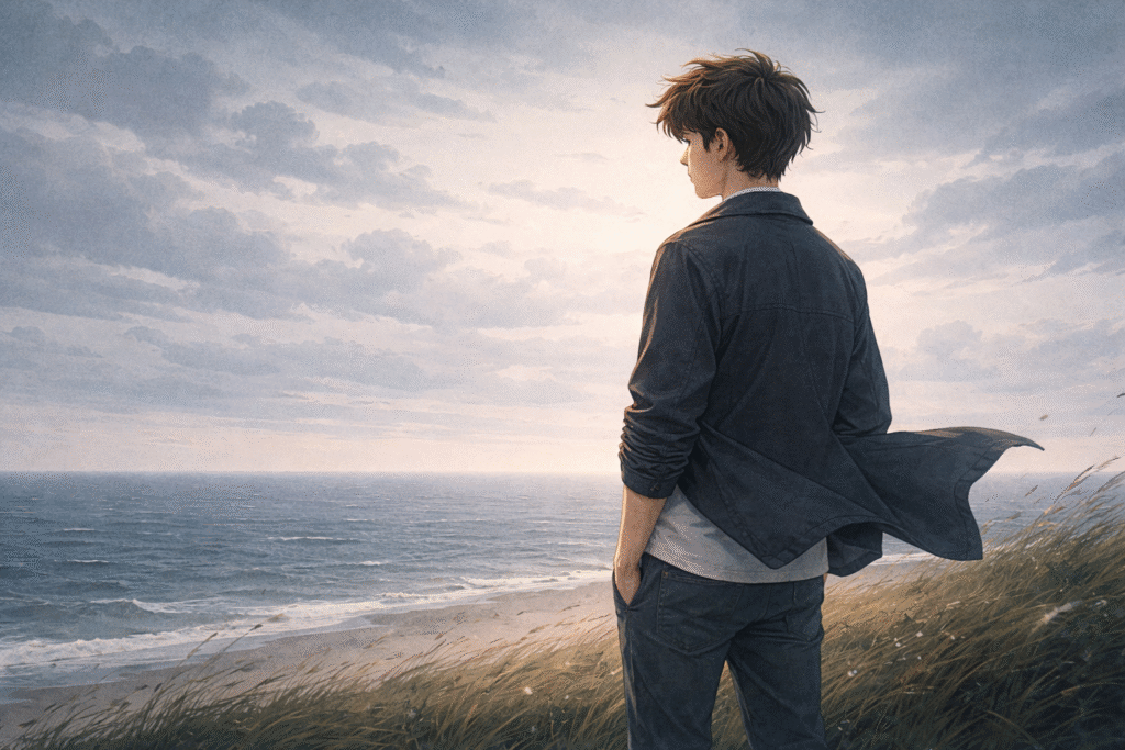 Emotional watercolor illustration, person standing in the wind