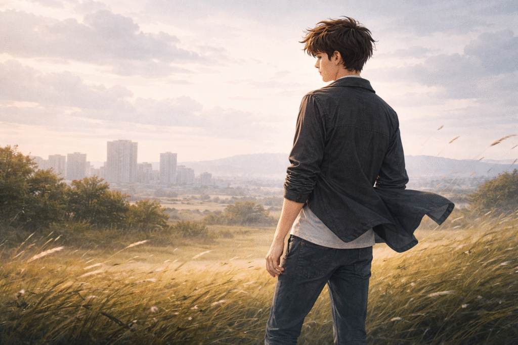 Emotional watercolor illustration, person adjusting stance in the wind