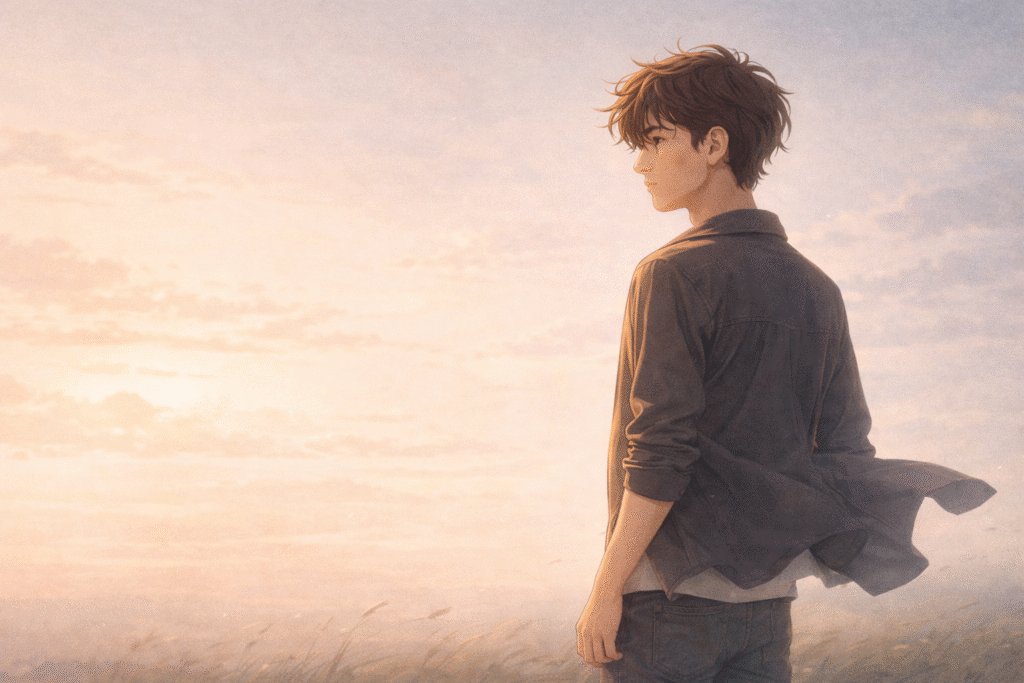 Emotional watercolor illustration, calm figure leaning into soft wind