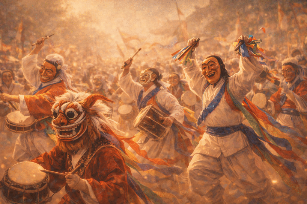 Masked performers expressing collective energy during a festival