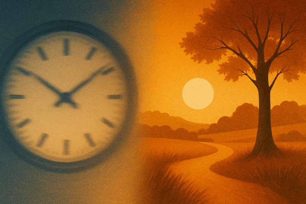 Contrast of fast-blurred clock and slow-detailed landscape showing measured vs experienced time.