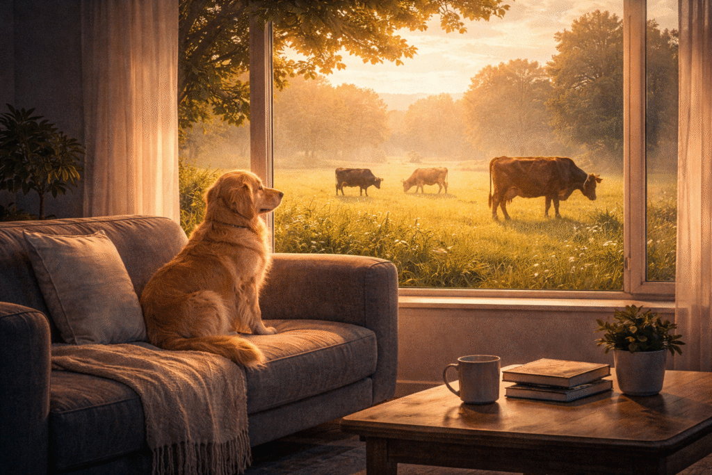 A pet dog indoors contrasted with farm animals in the distance