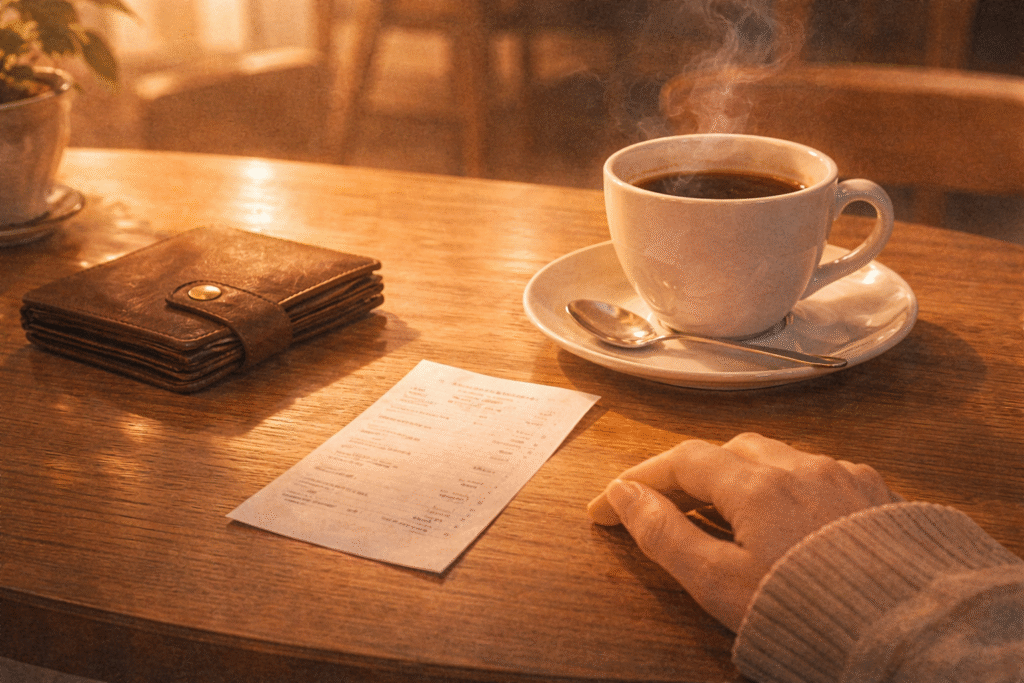 Faded receipt on a café table capturing a moment of everyday consumption