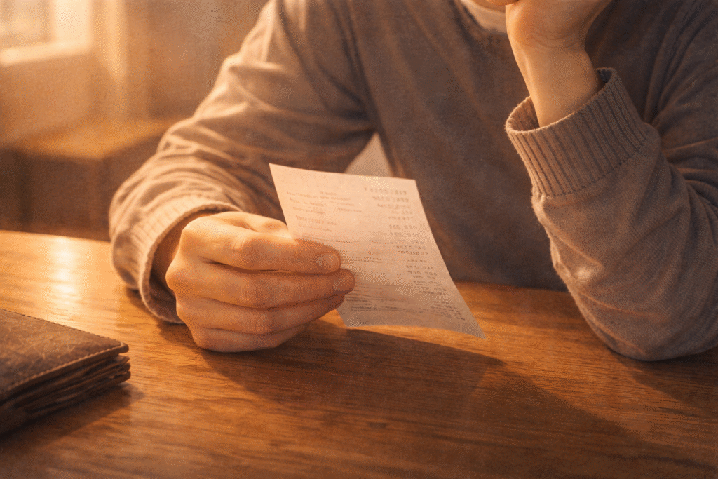 Hand holding an old receipt inviting reflection on personal consumption