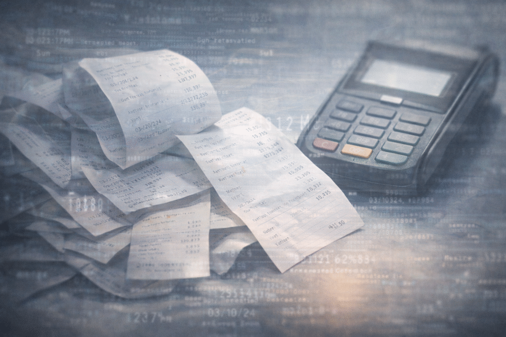 Discarded receipts symbolizing recorded consumption in a data-driven society