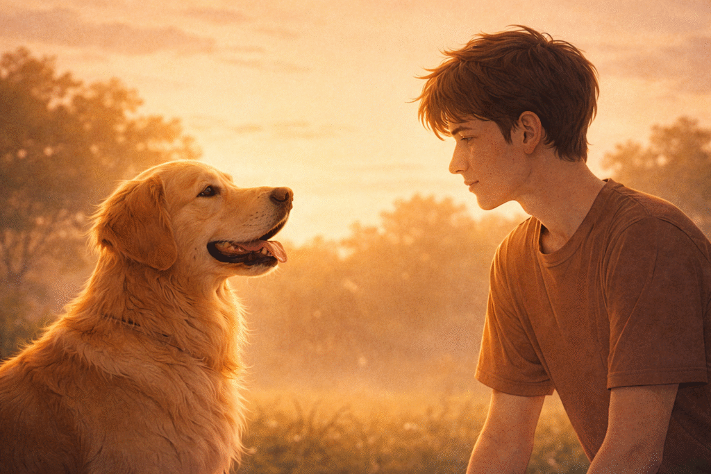 A human quietly facing an animal, reflecting on coexistence