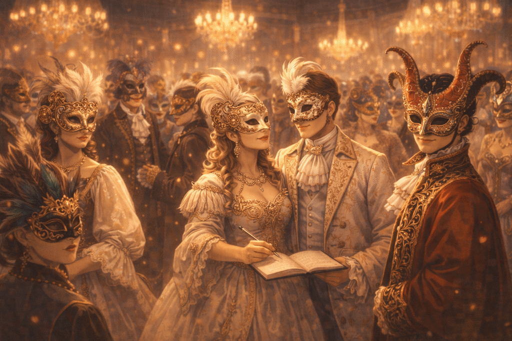 Masquerade festival scene where individual identities fade into ritual