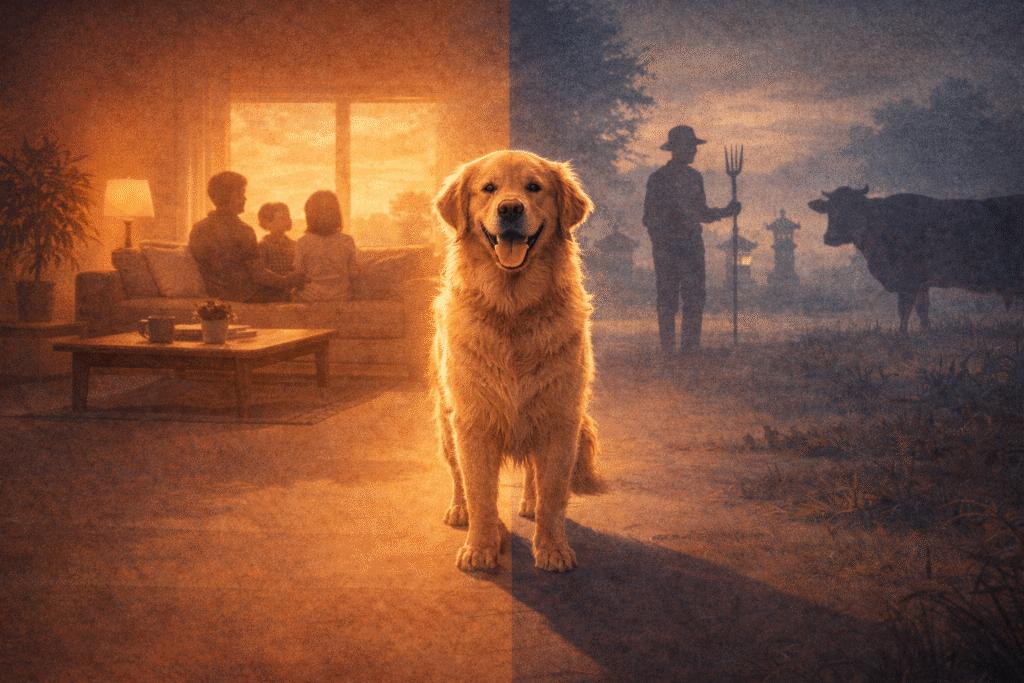 The same animal shown as a pet in one culture and livestock in another