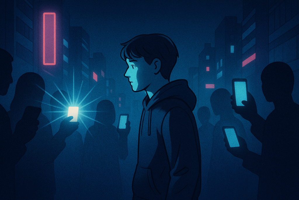 A figure surrounded by camera flashes in a neon-lit city, symbolizing self commodification