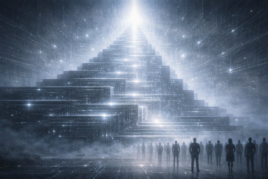 Human figure facing accelerating technological structures