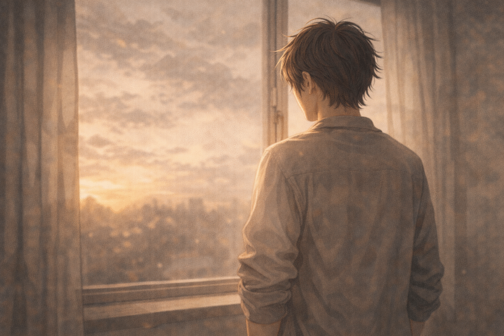 Emotional watercolor illustration, person pausing by a window in quiet reflection