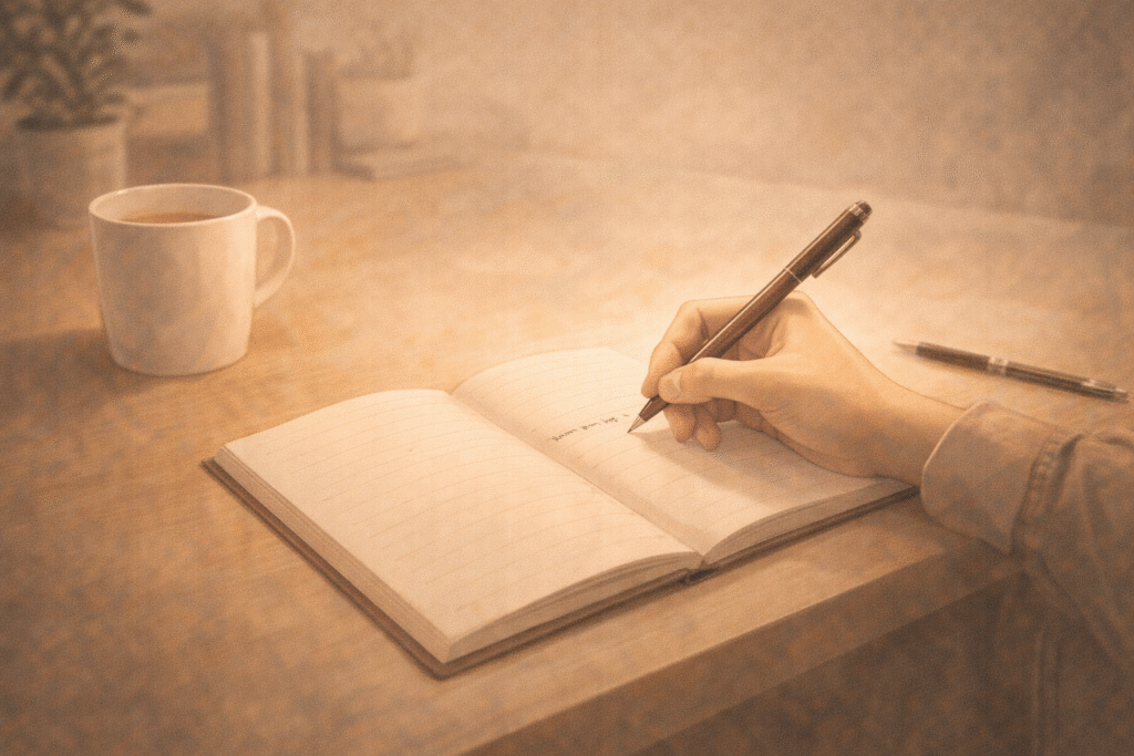 Emotional watercolor illustration, person writing a quiet sentence from memory