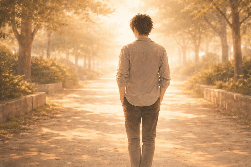 Emotional watercolor illustration, calm figure walking forward with soft light