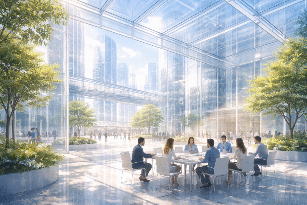 Transparent society symbolized by open glass architecture