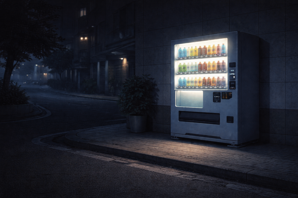 Solitary vending machine glowing at night in empty street