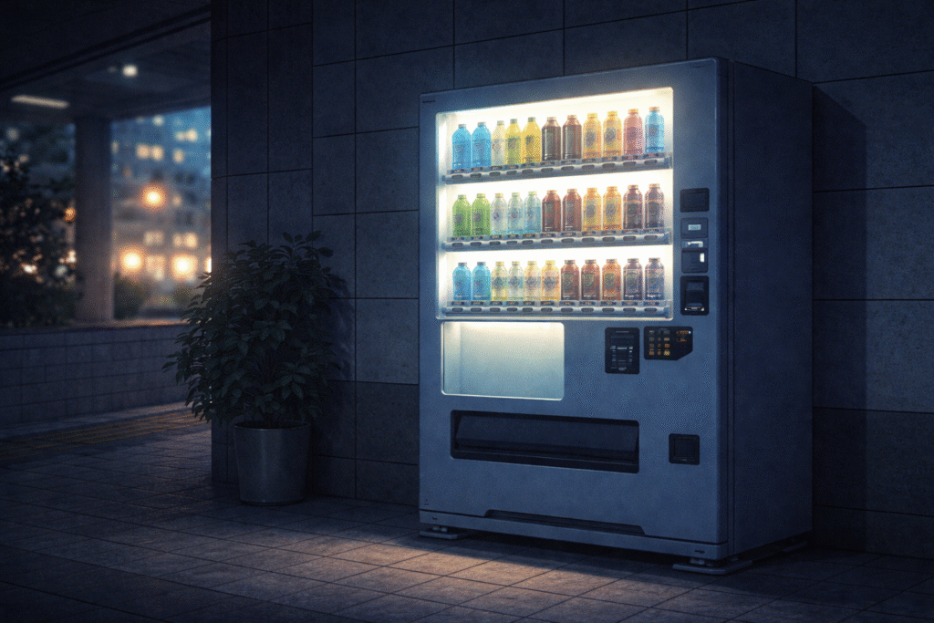 Urban vending machine glowing in everyday city life