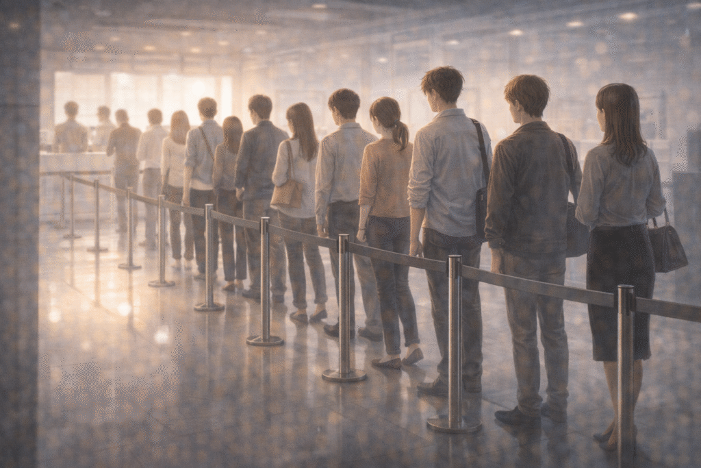 People standing in line representing fairness and social order