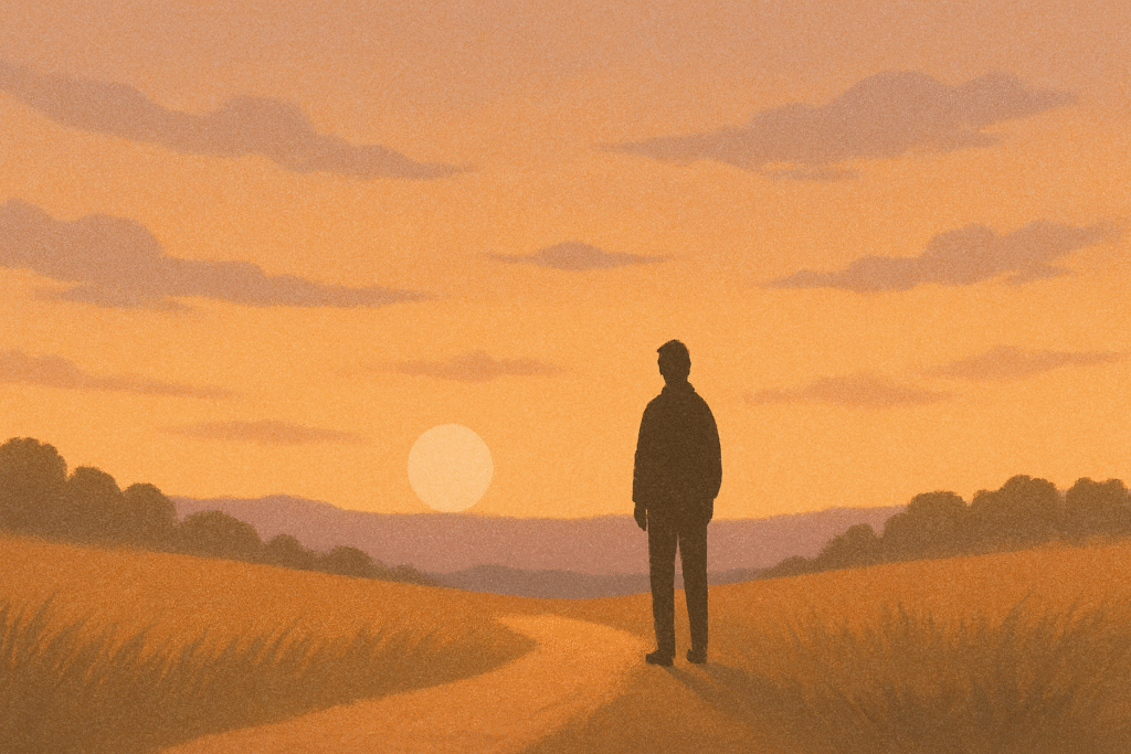 A lone figure facing a calm sunset horizon