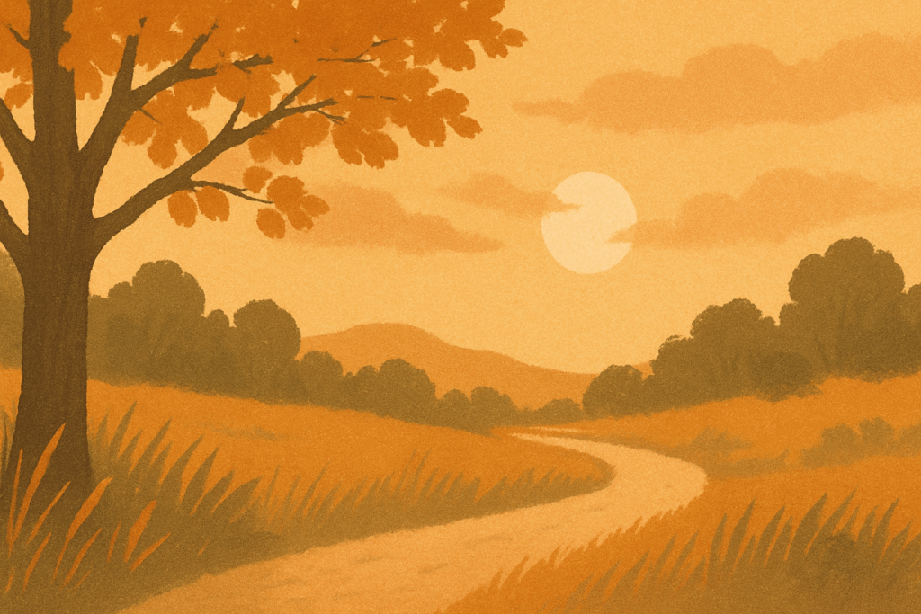 Sunlit forest path winding through a quiet autumn field