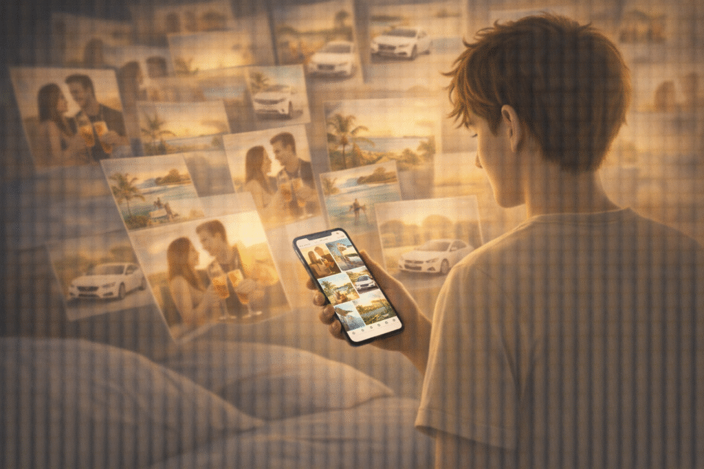 A person viewing a personalized digital feed shaped by recommendation algorithms