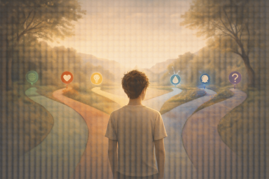 A person standing before multiple paths representing diverse perspectives