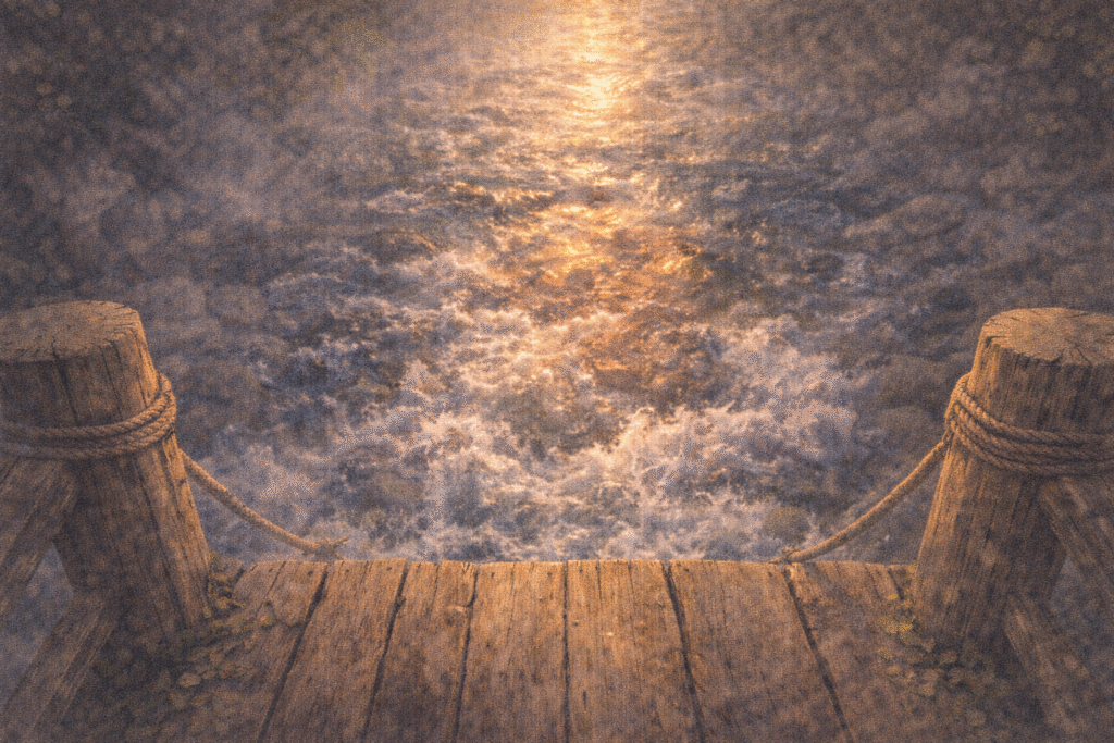 Looking down at flowing water from the middle of an old bridge