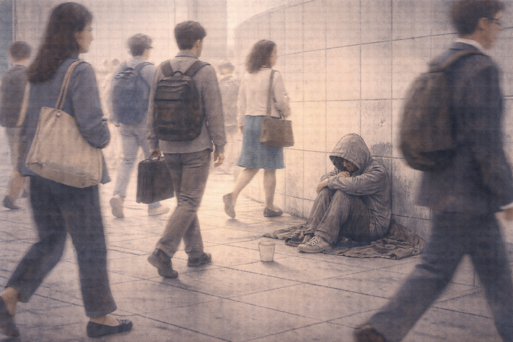 Passersby avoiding a vulnerable person in a public space