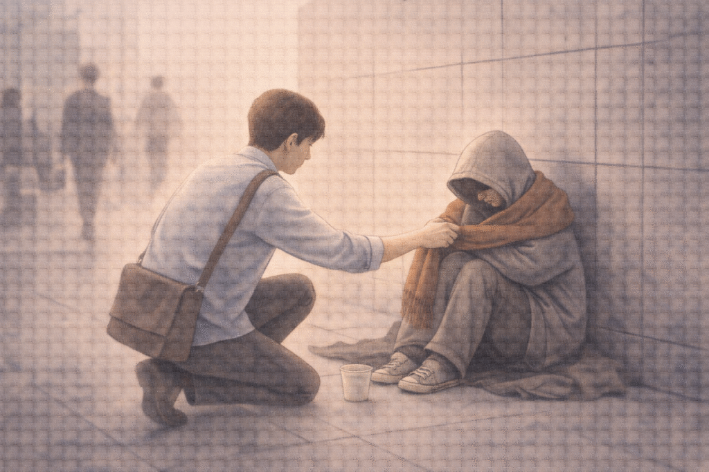 A person pausing to offer help with quiet compassion