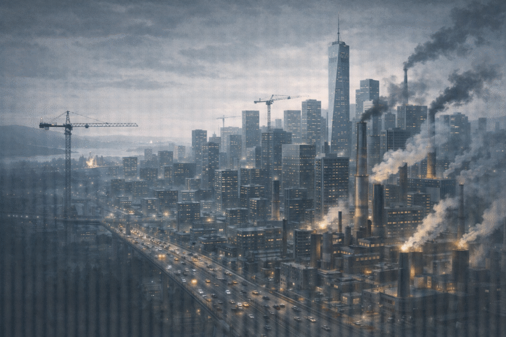 Industrial cityscape symbolizing human-centered development and anthropocentrism