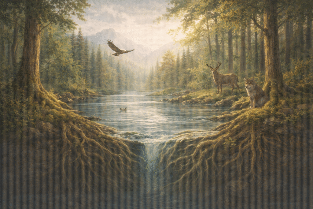 Forest and river ecosystem representing ecological ethics and rights of nature