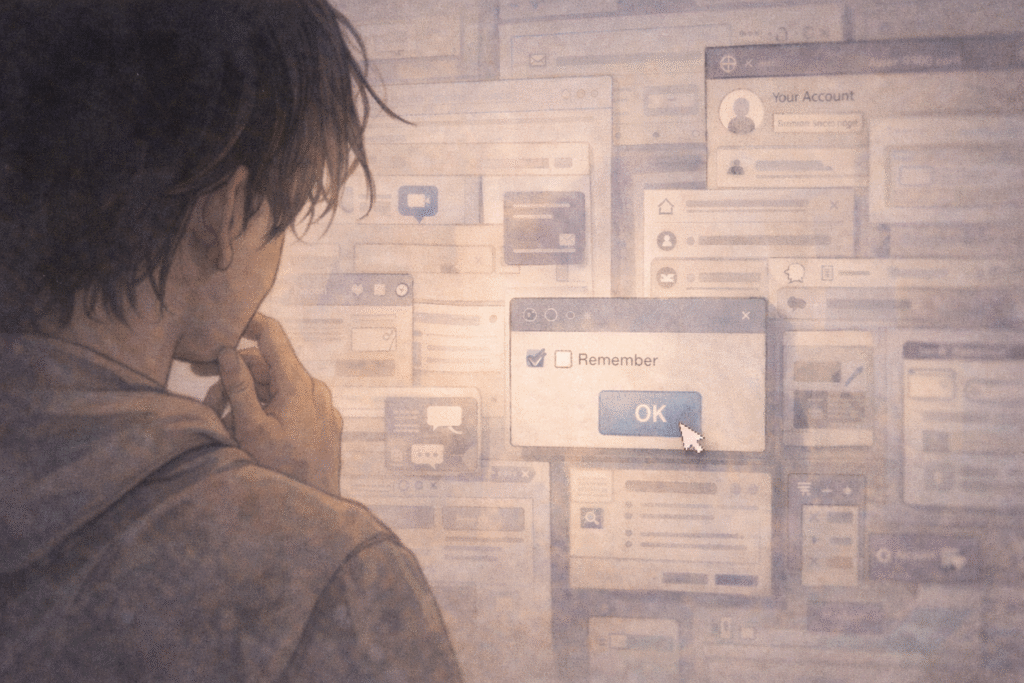 A person hesitating in front of a complex digital interface, symbolizing digital aging