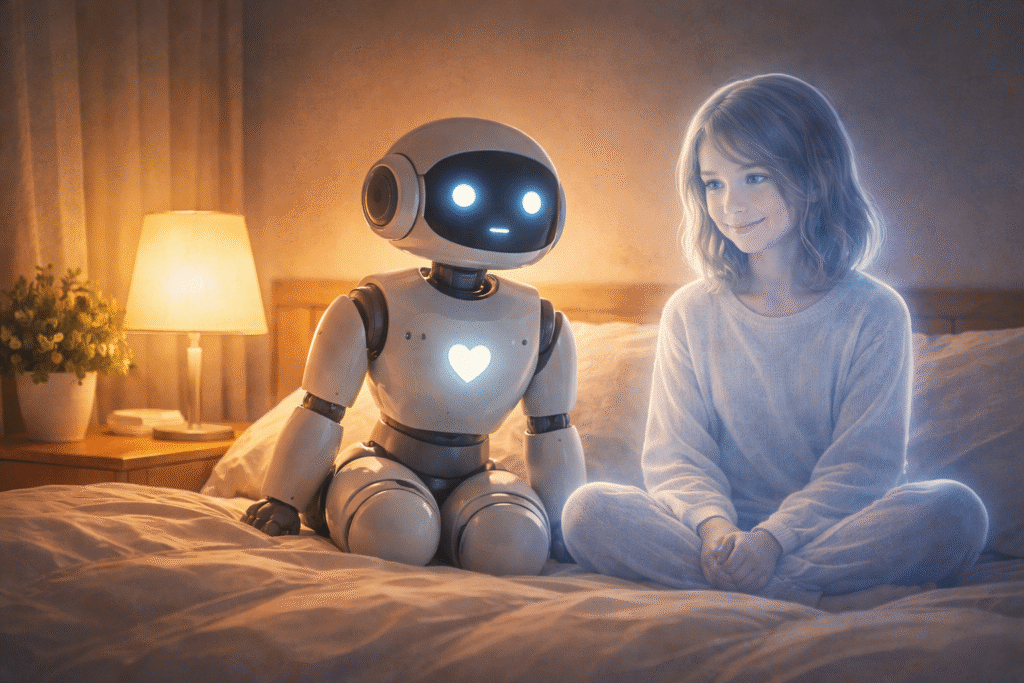 A human figure sharing a quiet moment with a digital companion device