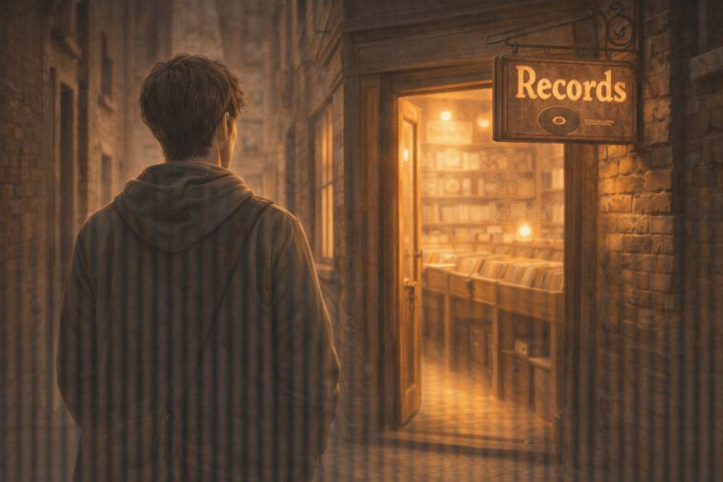 Emotional illustration, person pausing at an old record shop